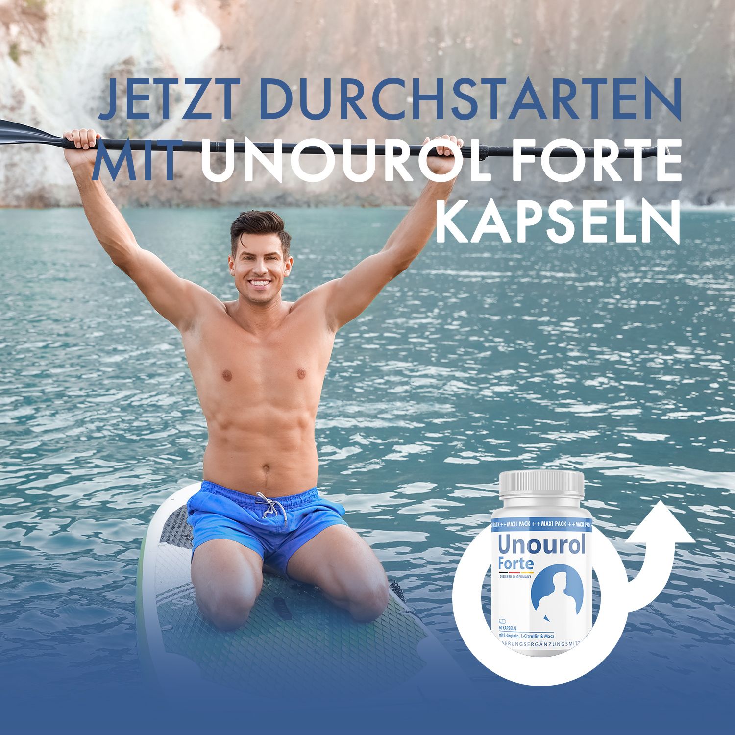 Mann auf Surfbrett im Wasser. Daneben eine Kapsel-Dose. Text: Jetzt durchstarten mit Unourol Forte Kapseln.