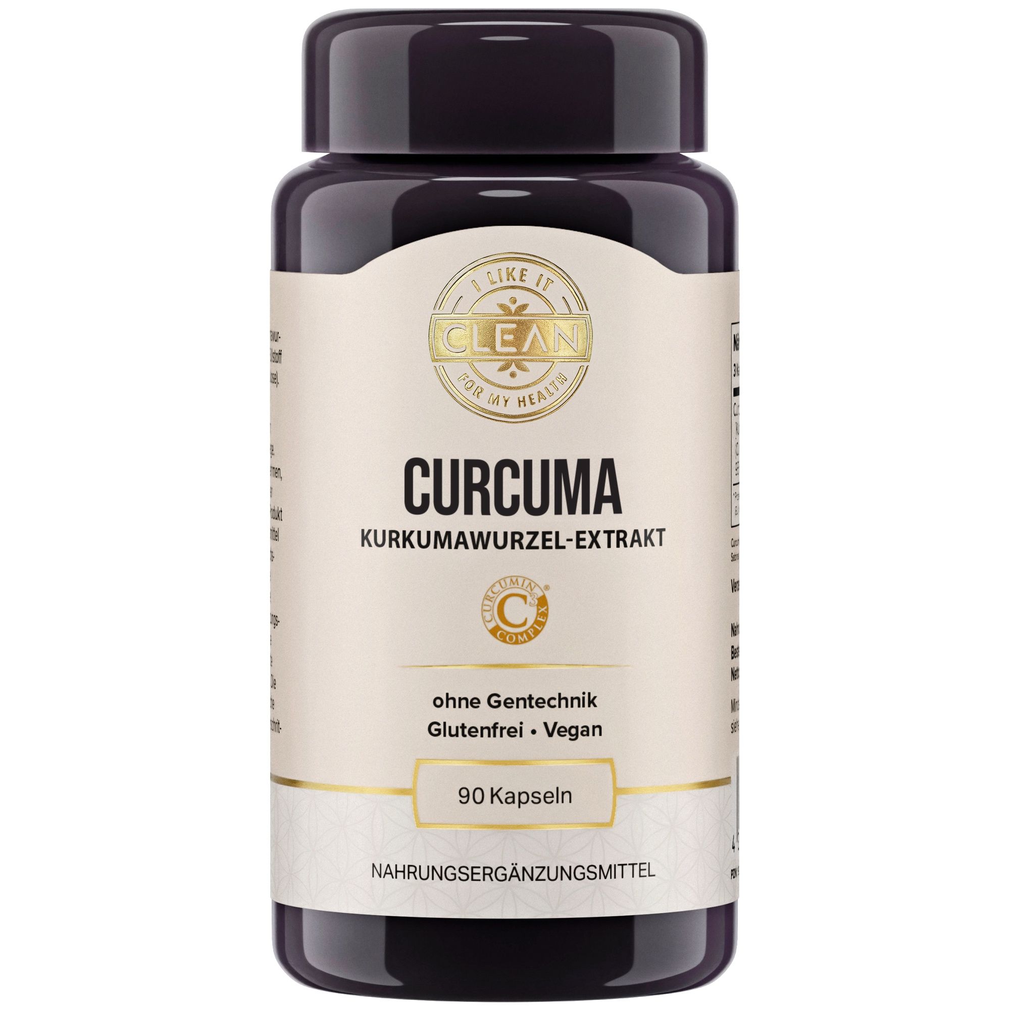 Braune Kapsel-Dose mit Aufschrift CURCUMA. Vegan, glutenfrei, ohne Gentechnik. 90 Kapseln.