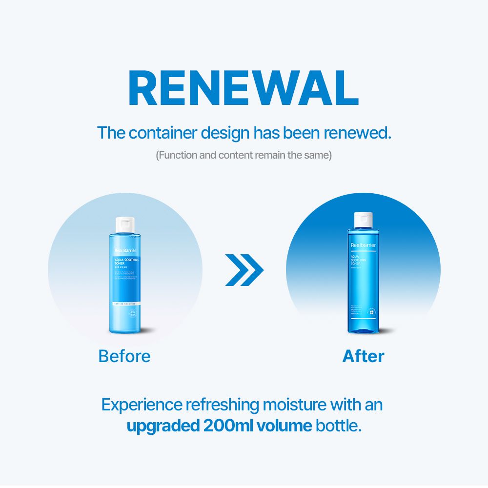 Vergleich: Altes und neues Toner-Fläschchen. Aufschrift: Realbarrier, Aqua Soothing Toner. Weißer Deckel. Text.
