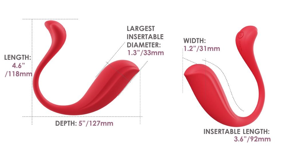 Abmessungen des roten Svakom Phoenix Neo 2 Vibrators: Länge, Tiefe, Breite, Einführlänge.