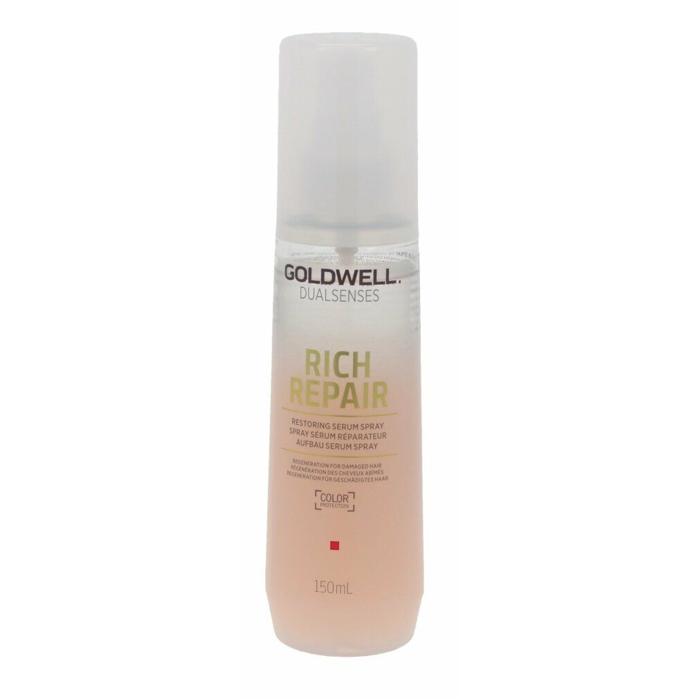 Goldwell Dualsenses Rich Repair Serum Spray. Flasche mit Sprühkopf. Text: Rich Repair, 150 ml. Farbschutz-Symbol. Farbverlauf.
