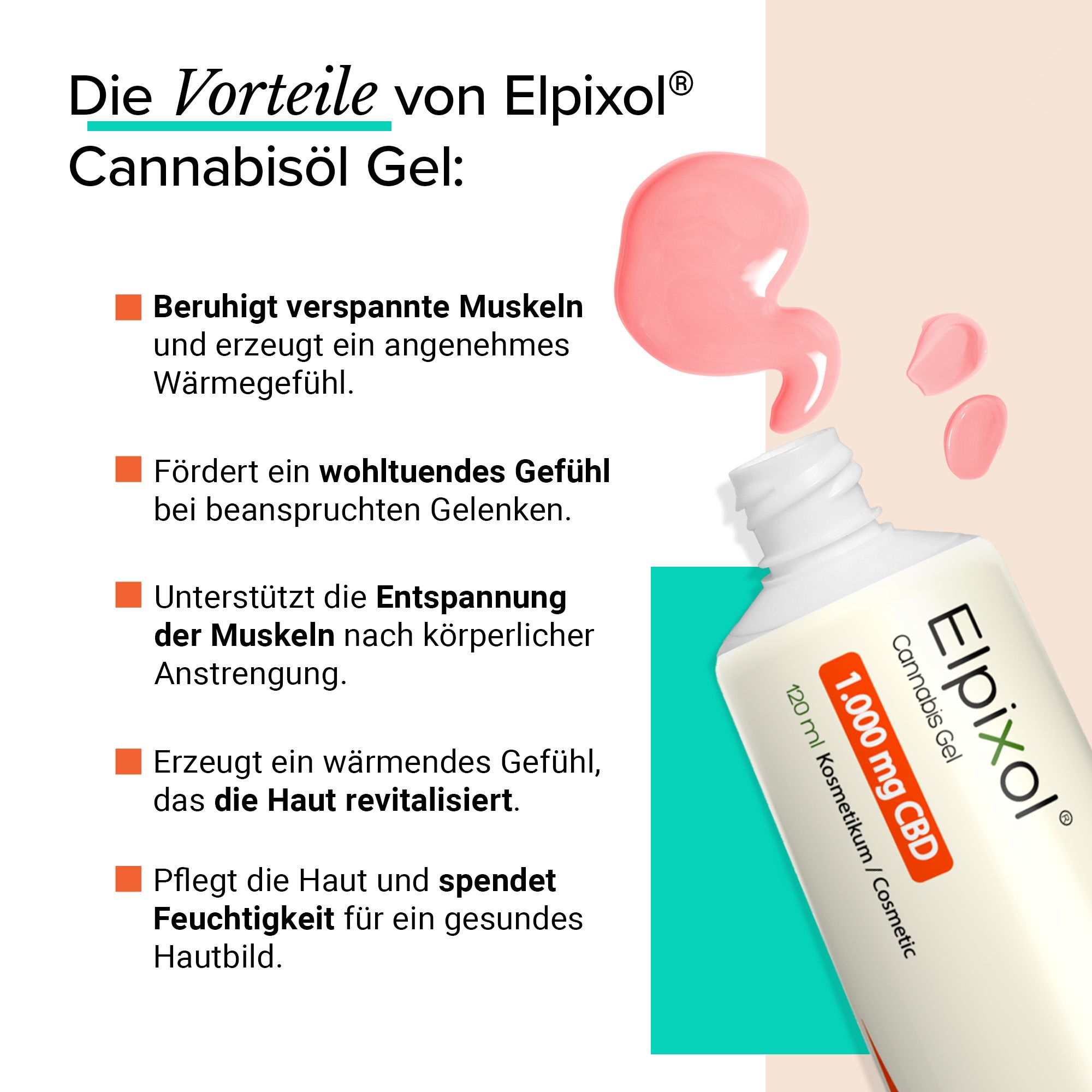 Tube ELPIXOL® Cannabis Gel, aus der eine rosa Flüssigkeit austritt. Text: Beruhigt Muskeln, fördert Wohlgefühl, entspannt Muskeln, wärmt Haut, pflegt.