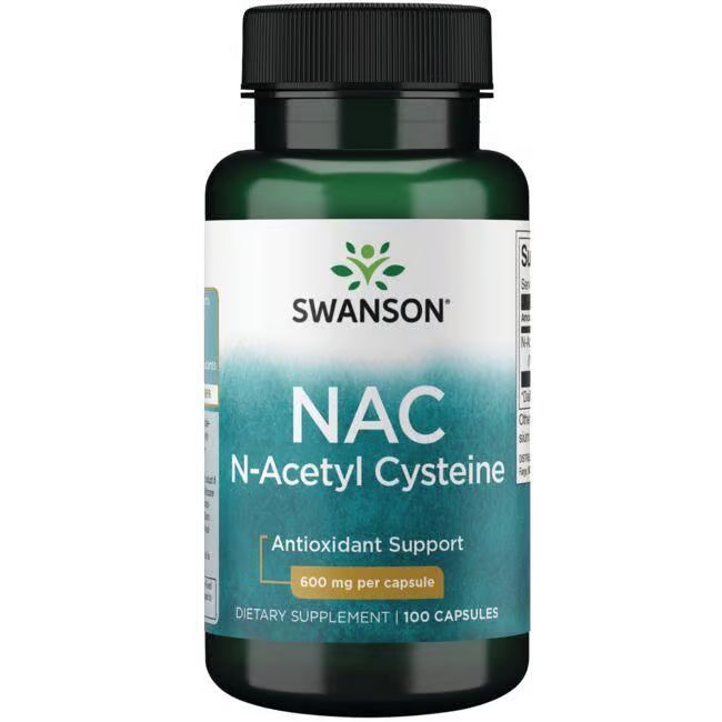 Grüne Flasche mit schwarzem Deckel. Aufschrift: SWANSON, NAC N-Acetyl Cystein, 600 mg pro Kapsel, 100 Kapseln.