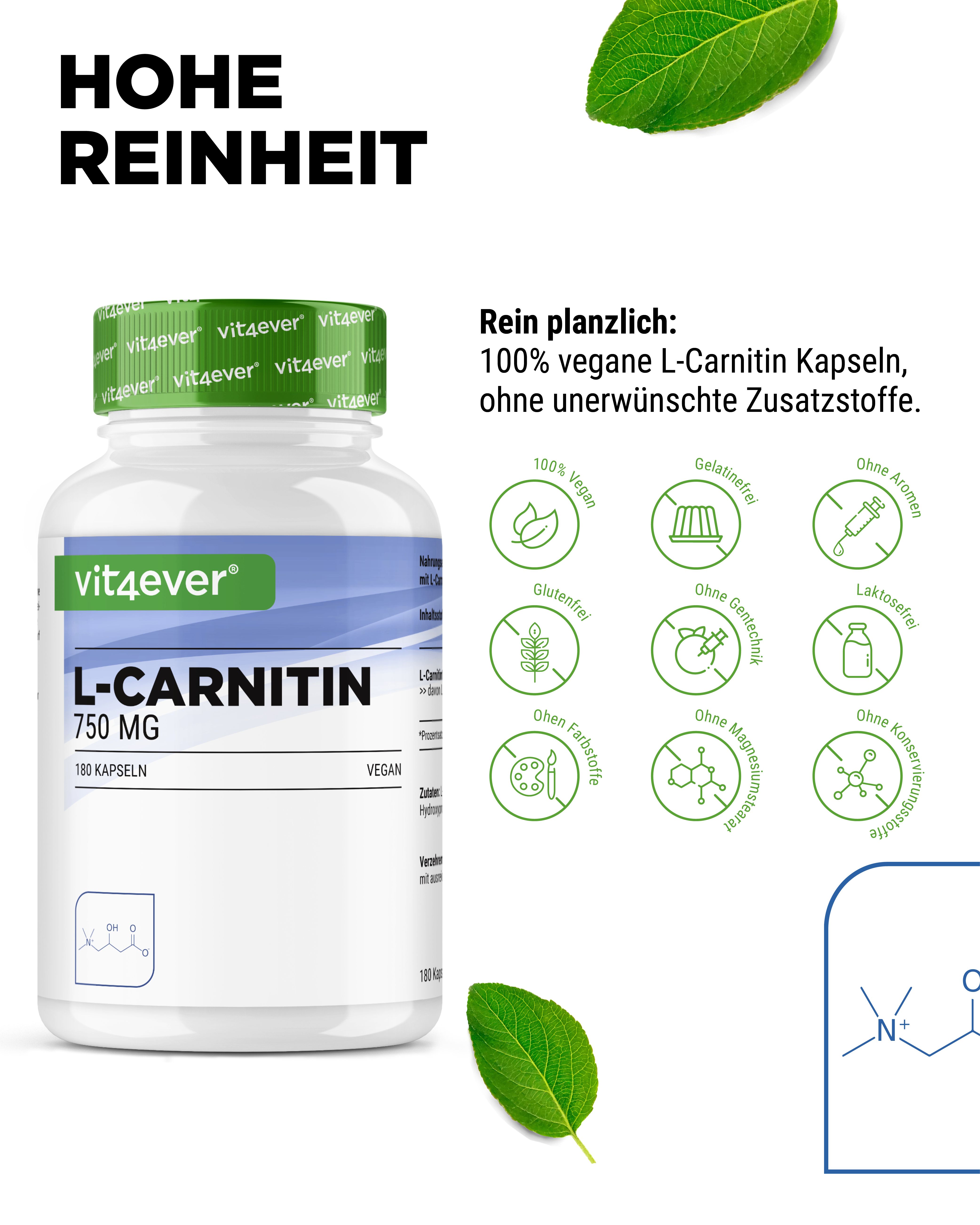 Weiße Flasche mit grünem Deckel. Aufschrift: vit4ever L-Carnitin 750 mg. Vegan. Symbole für vegan, glutenfrei, ohne Aromen, etc.