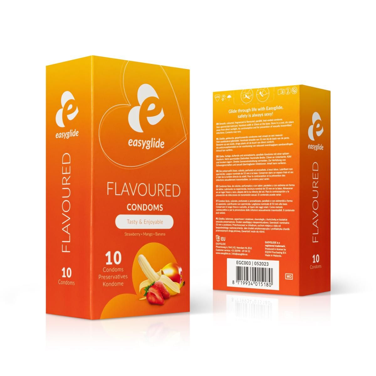Packung mit 10 Easyglide Flavoured Kondomen, Erdbeere-Mango-Banane.