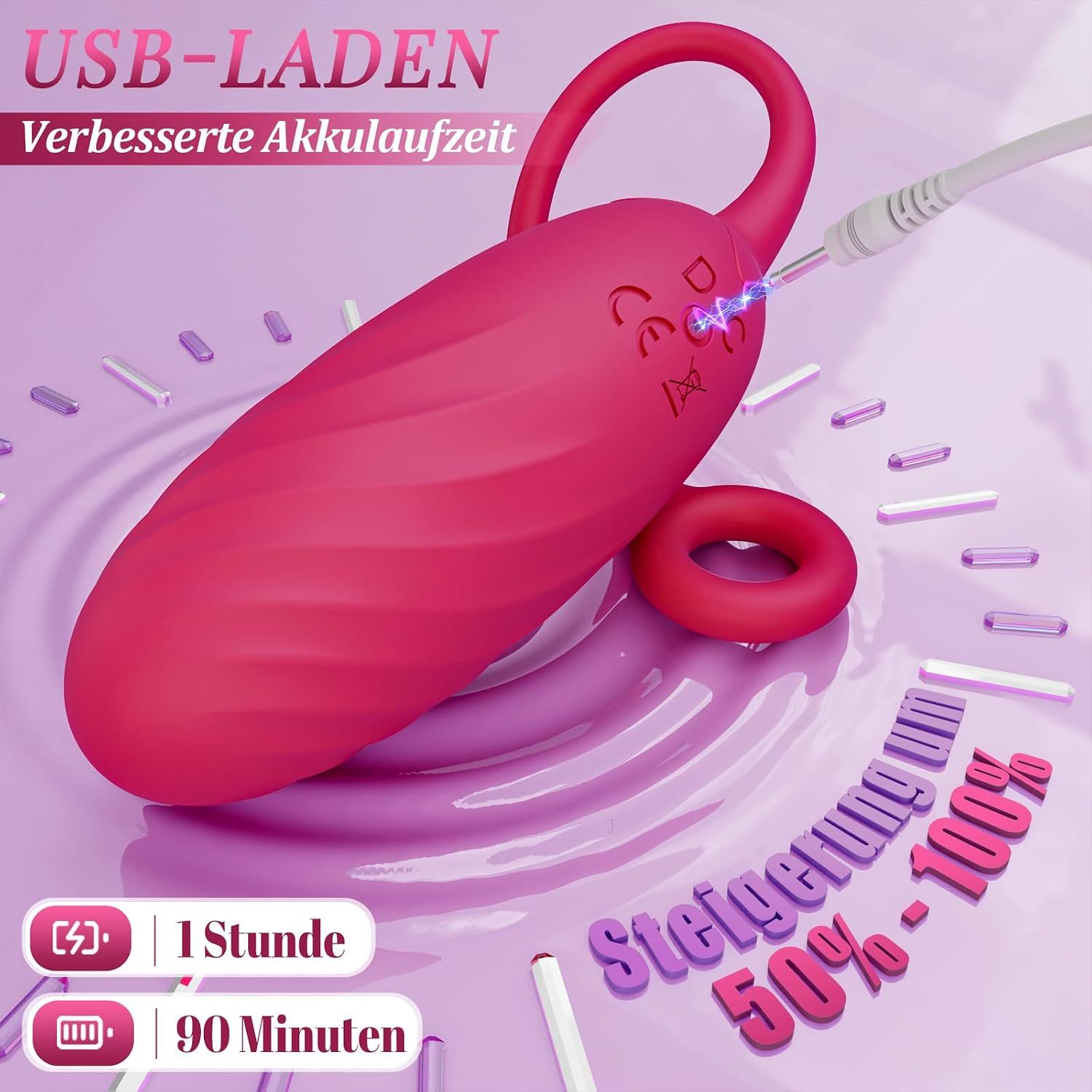 Roter Vibrator mit USB-Ladefunktion, 90 Minuten Akkulaufzeit.