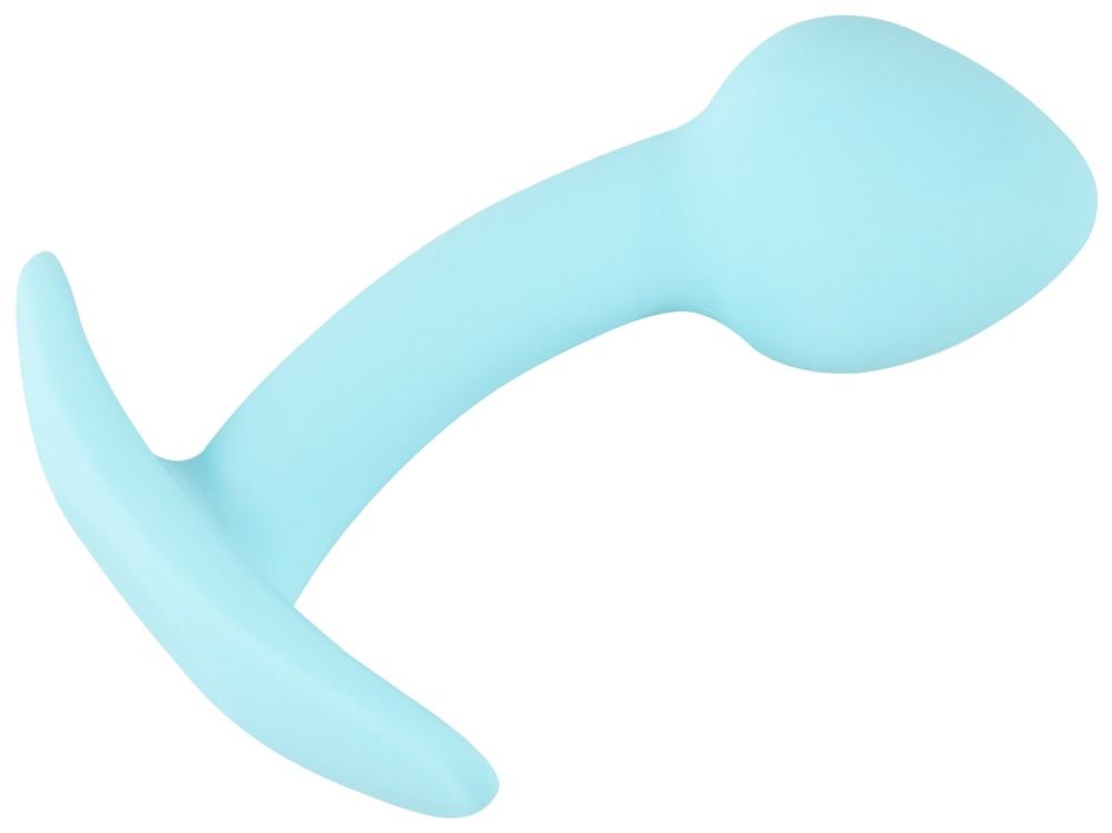 Hellblauer Analplug mit gebogener Form. Besteht aus einem runden Kopf, einem gebogenen Schaft und einem flachen, gebogenen Boden.