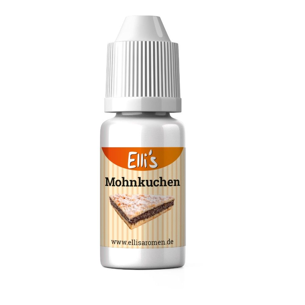 Fläschchen mit Etikett. Aufschrift: Elli's Mohnkuchen. Abbildung eines Kuchens. www.ellisaromen.de.
