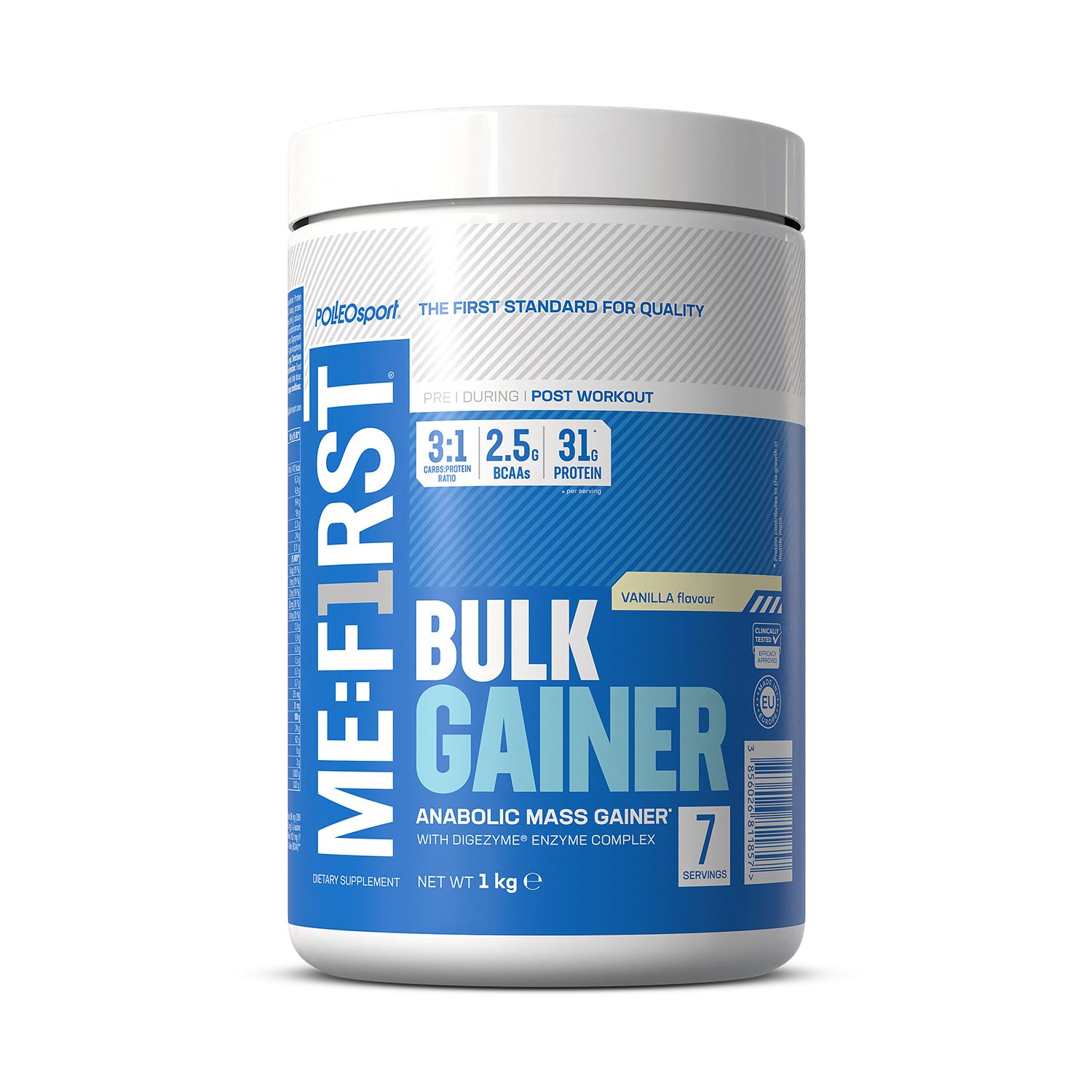 Zylinderförmige Dose mit weißem Deckel. Aufschrift: ME:FIRST BULK GAINER, Vanille-Geschmack. Enthält 7 Portionen. Nettogewicht 1 kg.