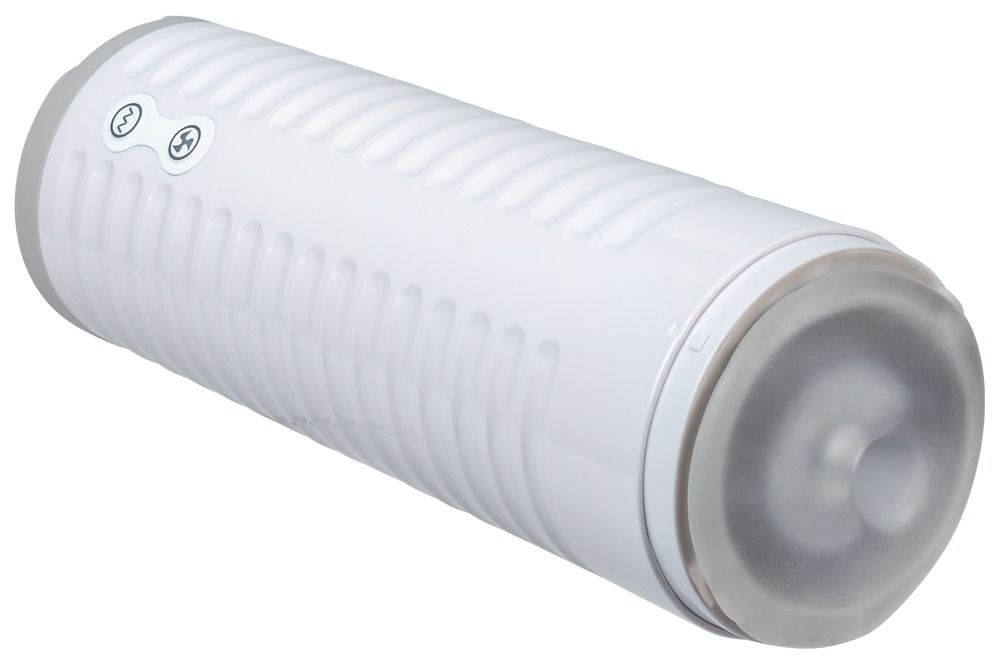Weißer Masturbator mit geriffelter Oberfläche.  Das Gerät hat eine abgerundete Form und eine transparente Öffnung.