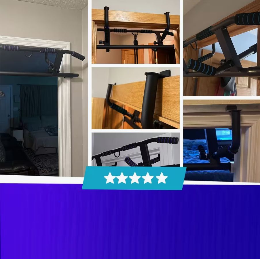 Klimmzugstange für Türrahmen. Schwarze Metallkonstruktion mit blauen Griffen. Mehrere Ansichten. 5-Sterne-Bewertung.