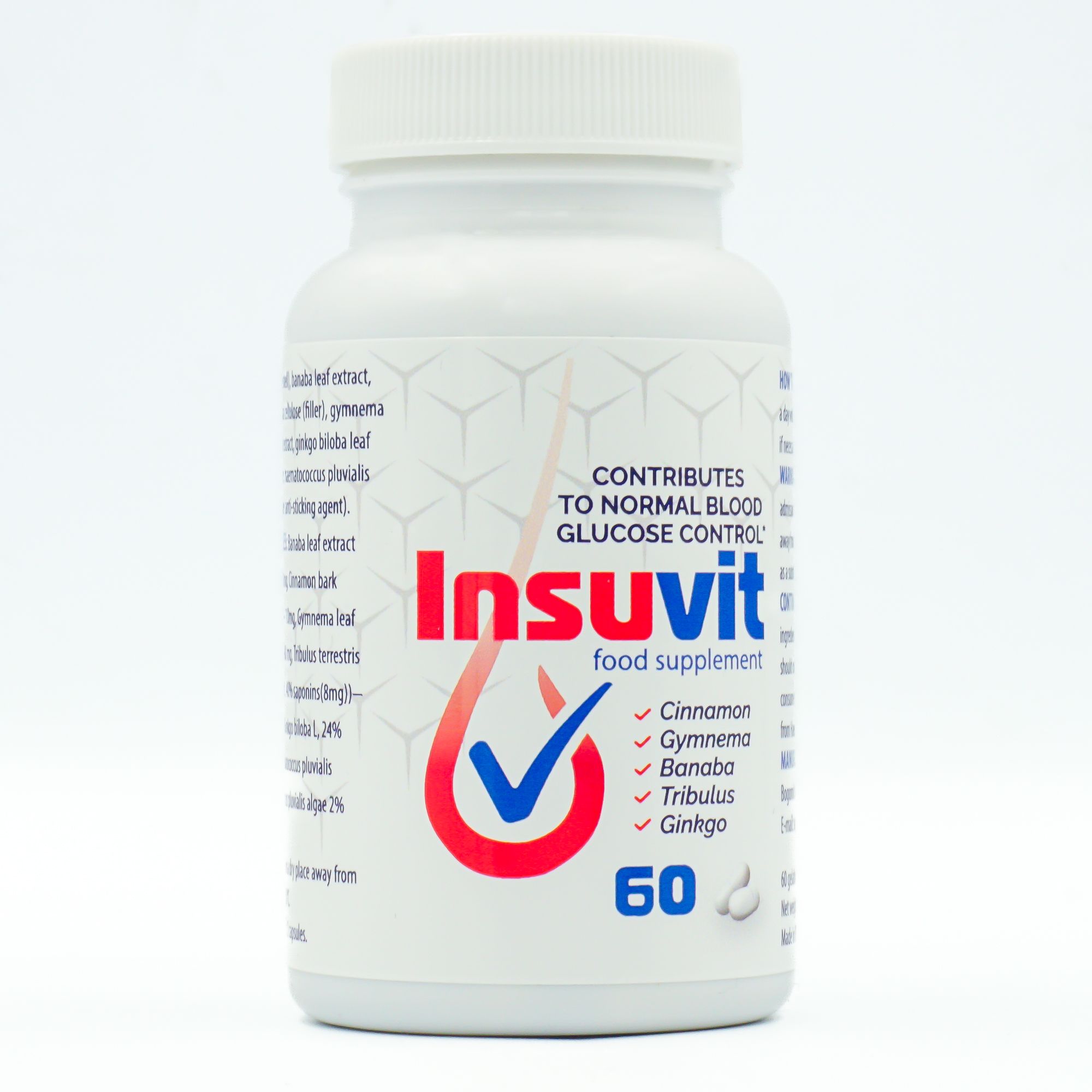 Weiße Flasche mit Insuvit-Nahrungsergänzungsmittel. Enthält 60 Kapseln. Aufschrift: "CONTRIBUTES TO NORMAL BLOOD GLUCOSE CONTROL".