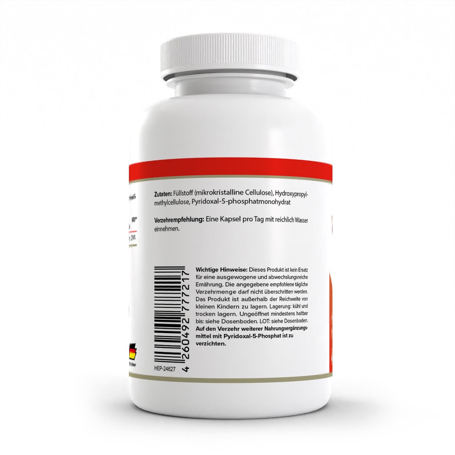 Rückseite der weißen Flasche. Roter Streifen mit Text. Barcode und Herstellerinformationen. Hergestellt in Deutschland.