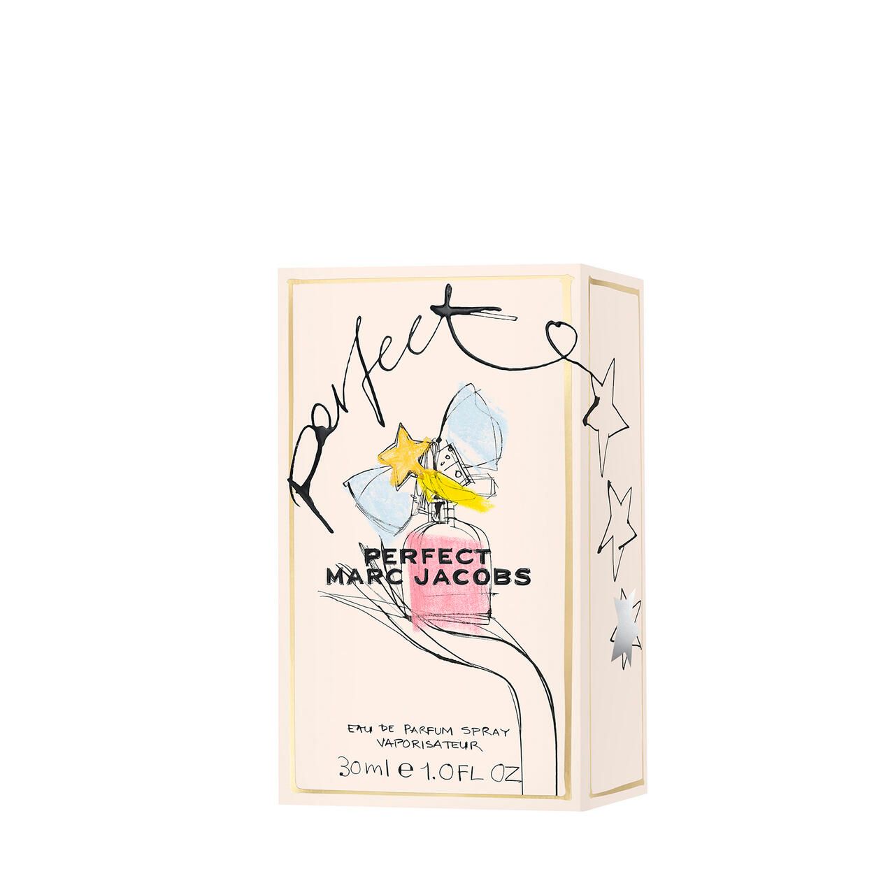 Parfümverpackung mit Aufschrift: PERFECT MARC JACOBS. Illustration des Flakons mit Schleife. Aufschrift: 30ml 1.0 FL OZ.