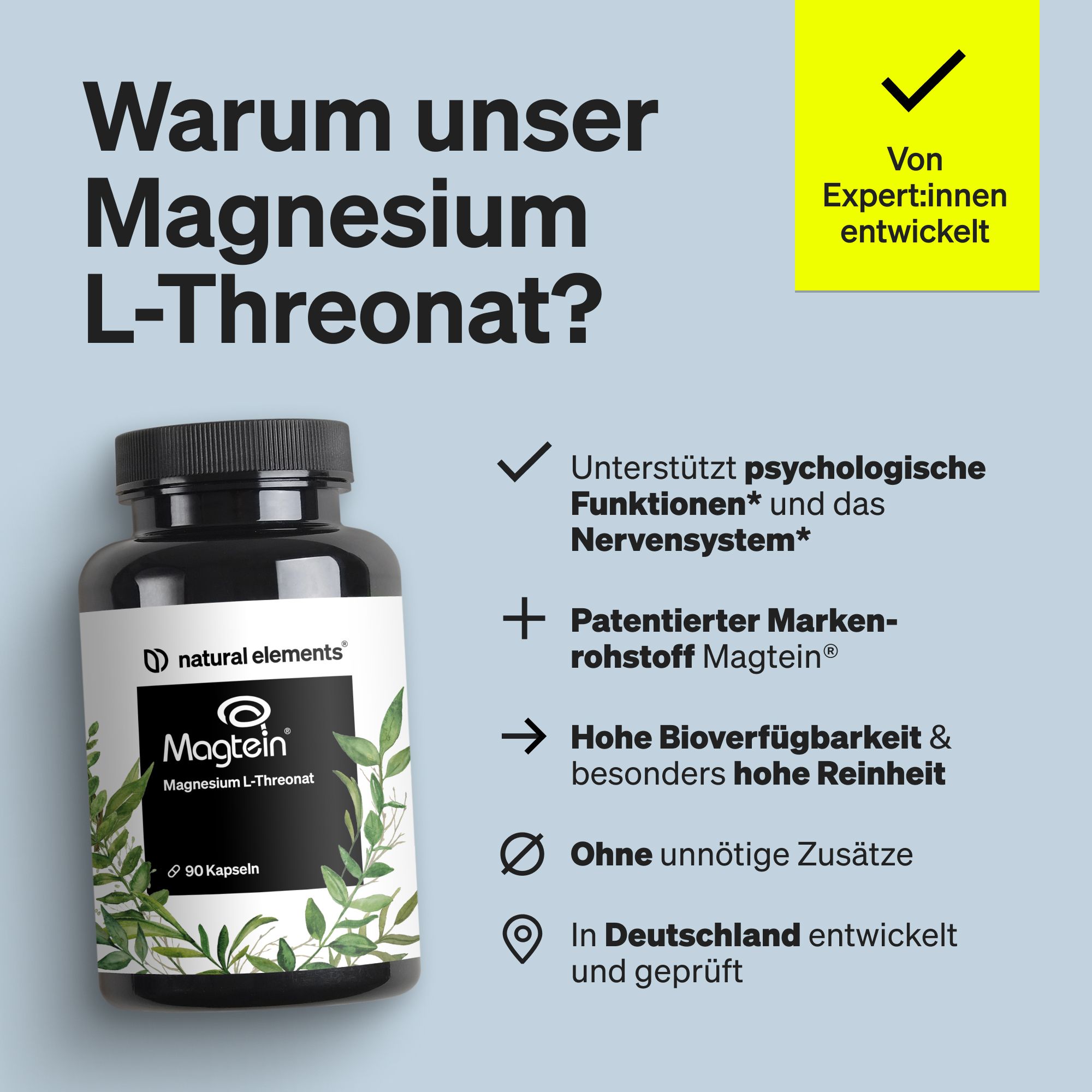 Flasche Magnesium L-Threonat (Magtein) mit 90 Kapseln, mit Text über Vorteile und Qualität.