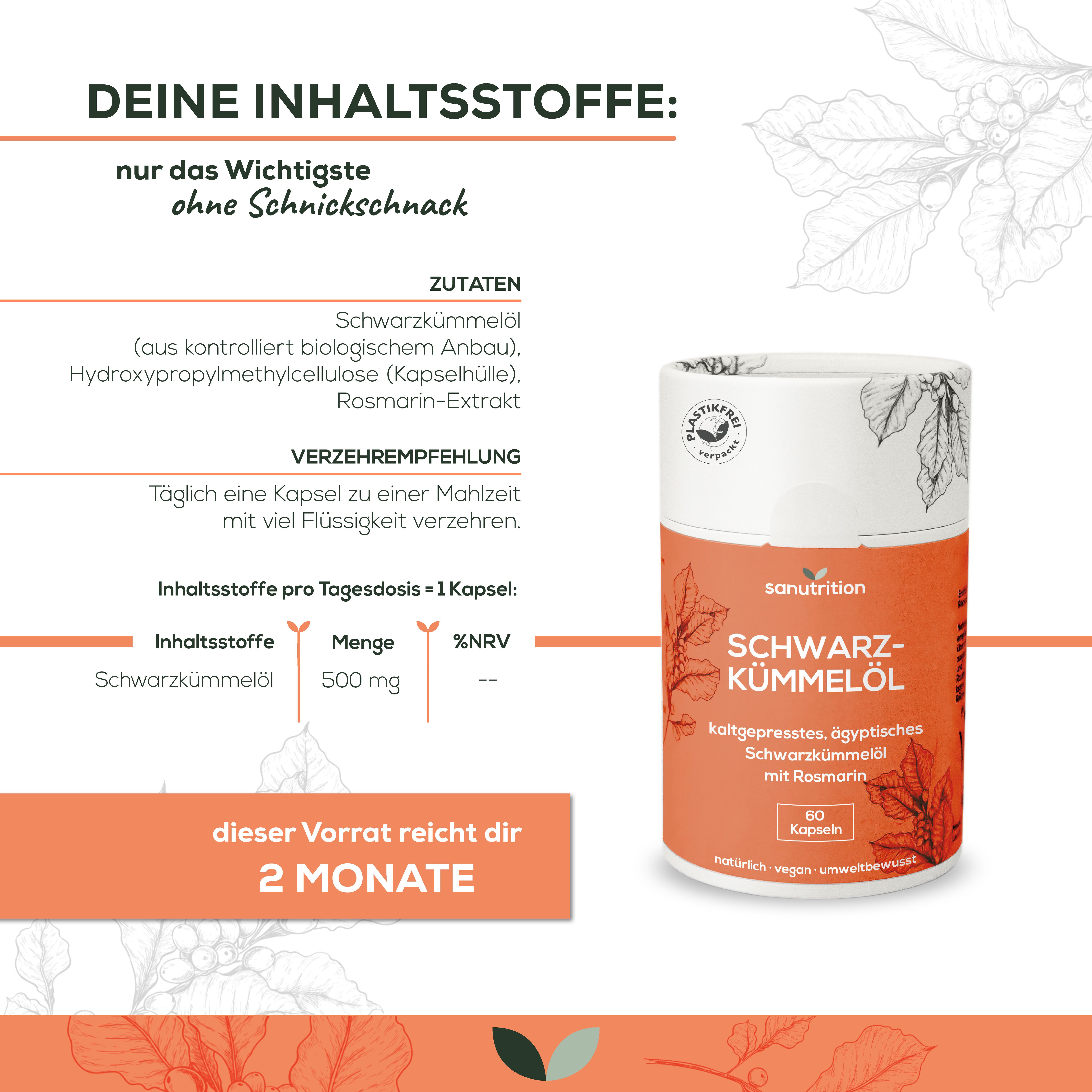 Infografik: Sanutrition Schwarzkümmelöl-Dose, Inhaltsstoffe, Verzehrempfehlung. 60 Kapseln. Vorrat für 2 Monate.