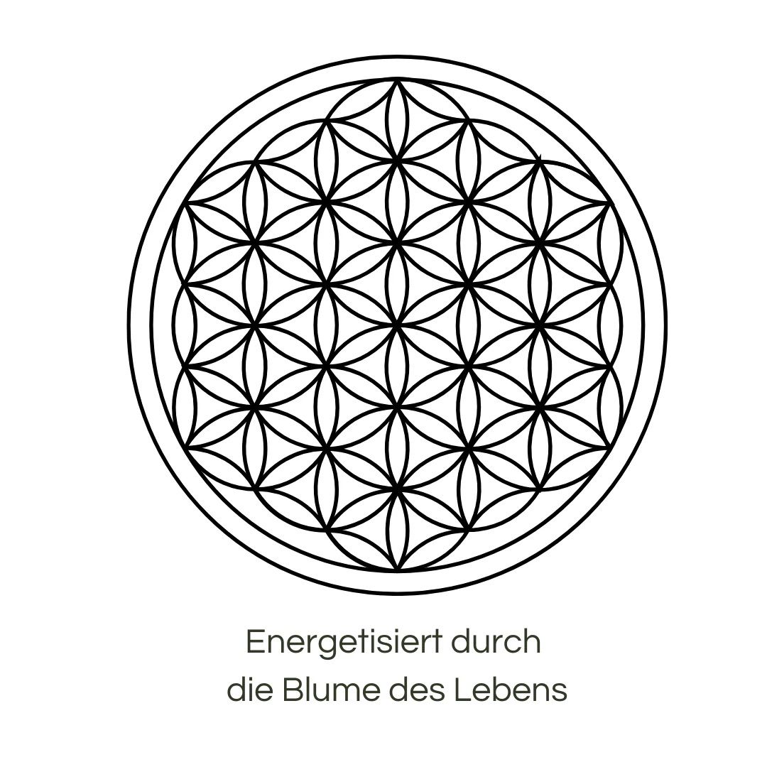 Kreisförmiges Muster, Blume des Lebens. Text: Energetisiert durch die Blume des Lebens.