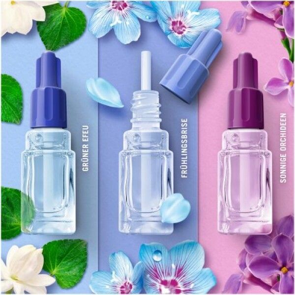Drei Duftflakons mit blauen, weißen und lila Deckeln. Text: Grüner Efeu, Frühlingsbrise, Sonnige Orchideen.