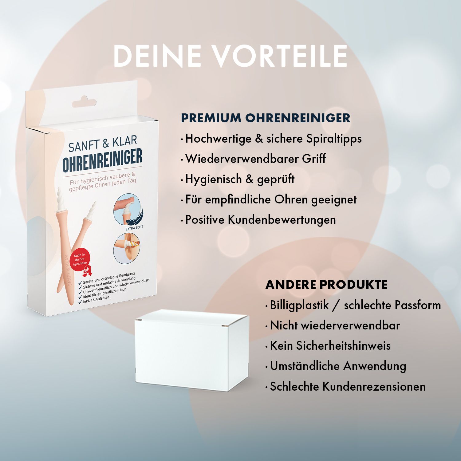 Produktverpackung mit Text: SANFT & KLAR Ohrenreiniger. Rosa Reinigungsstäbchen. Vorteile: hochwertige Spiralspitzen, wiederverwendbar, hygienisch.