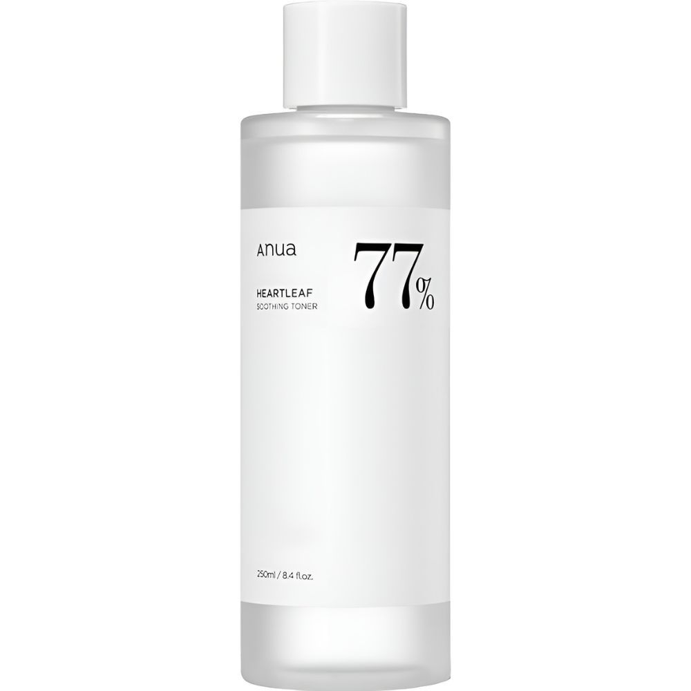 Anua Heartleaf beruhigender Toner in einer klaren Flasche mit weißem Verschluss. Enthält 77% Heartleaf.