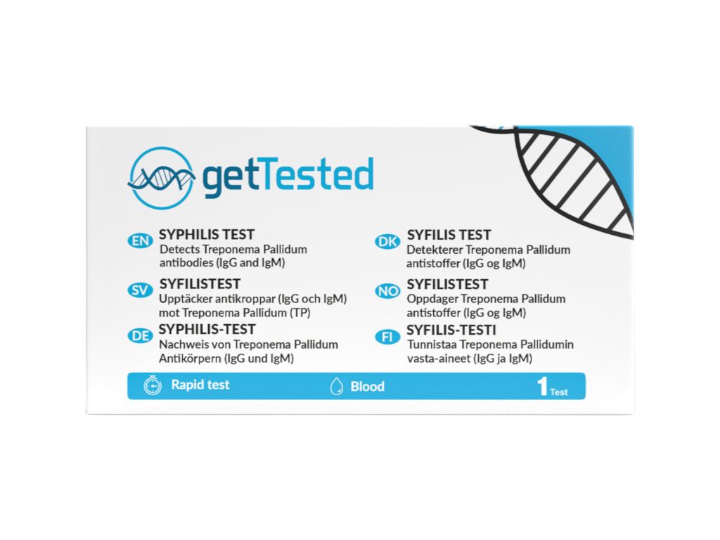 Schachtel mit Aufschrift 'getTested' und 'SYPHILIS TEST' in mehreren Sprachen. Enthält einen Test.