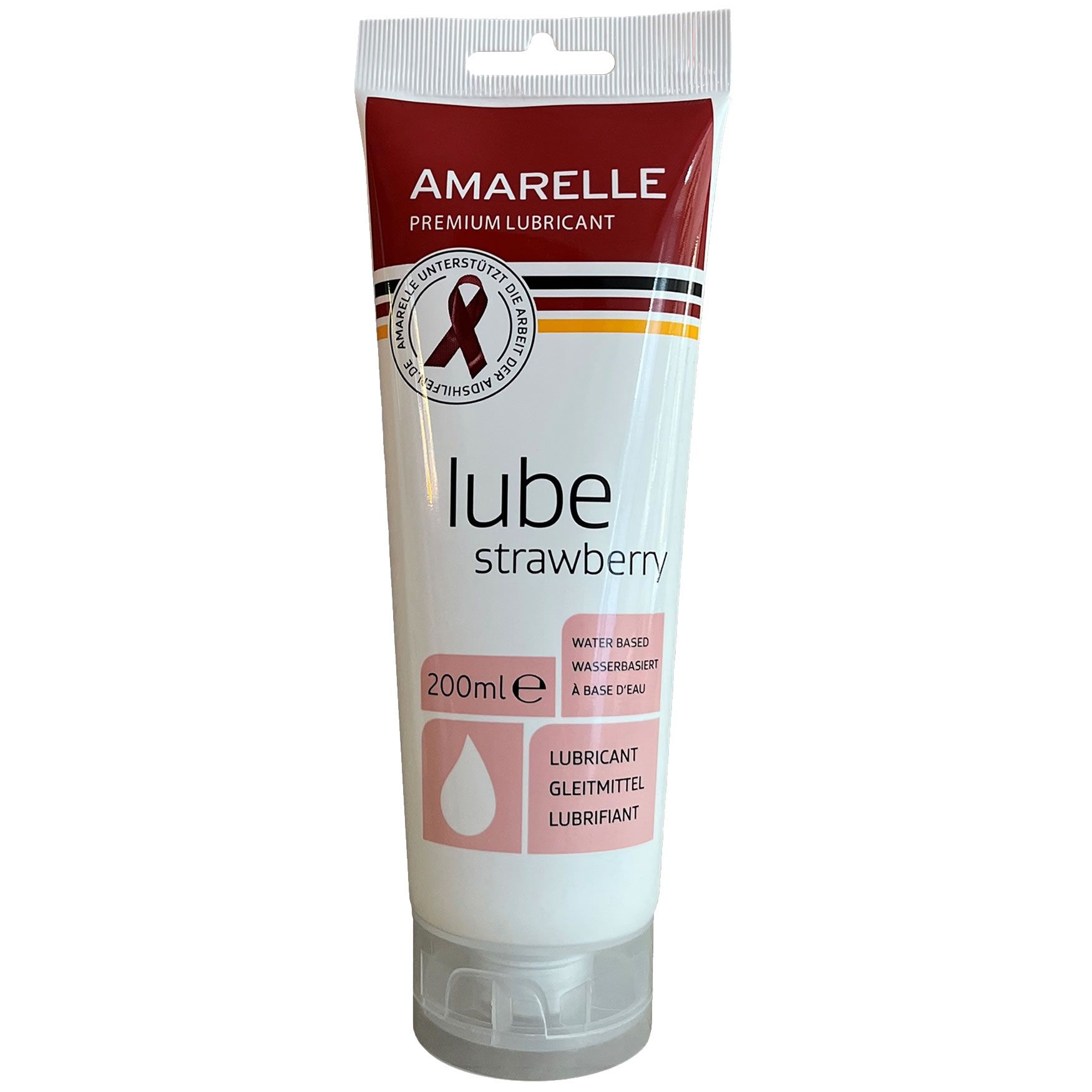 Weiß-rote Tube mit Produktnamen und Logo. Text: Lube Strawberry, 200ml, wasserbasiert. Mit Zertifizierungslogo.