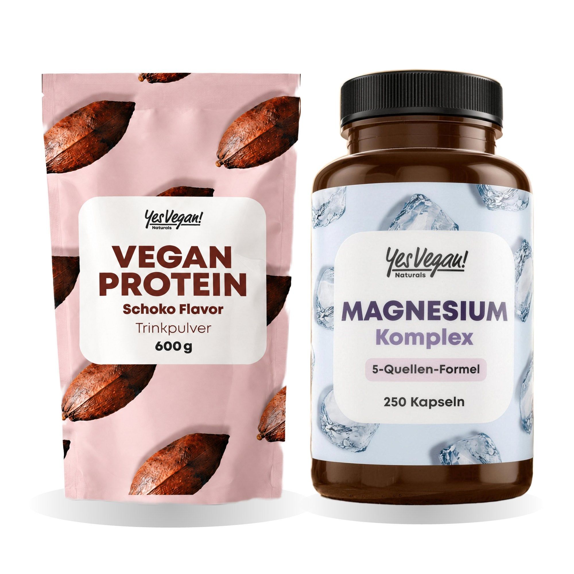 Eine Packung veganes Schoko-Proteinpulver (600g) und eine Flasche Magnesium Komplex (250 Kapseln).