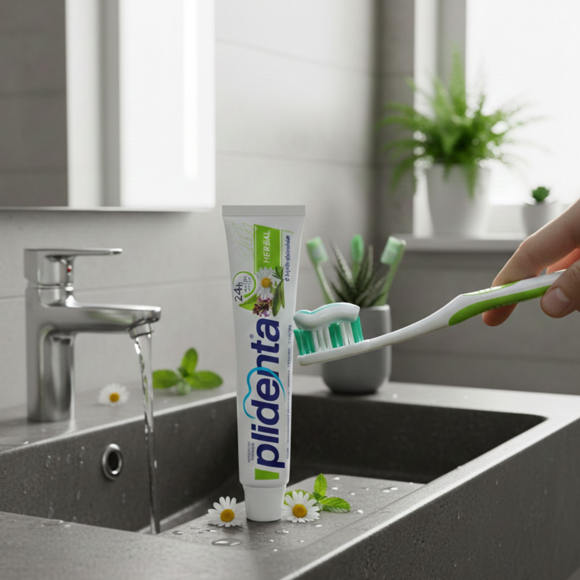 Zahnpasta-Tube "plidenta Herbal" auf einem Waschbecken. Hand hält Zahnbürste mit Zahnpasta.