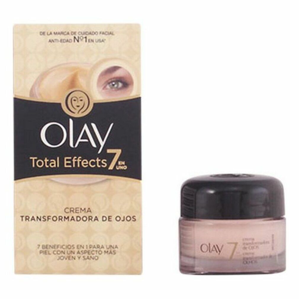 Olay Total Effects Augencreme und Verpackung. Creme in einem Glas mit schwarzem Deckel. Verpackung mit Produktnamen und Logo.