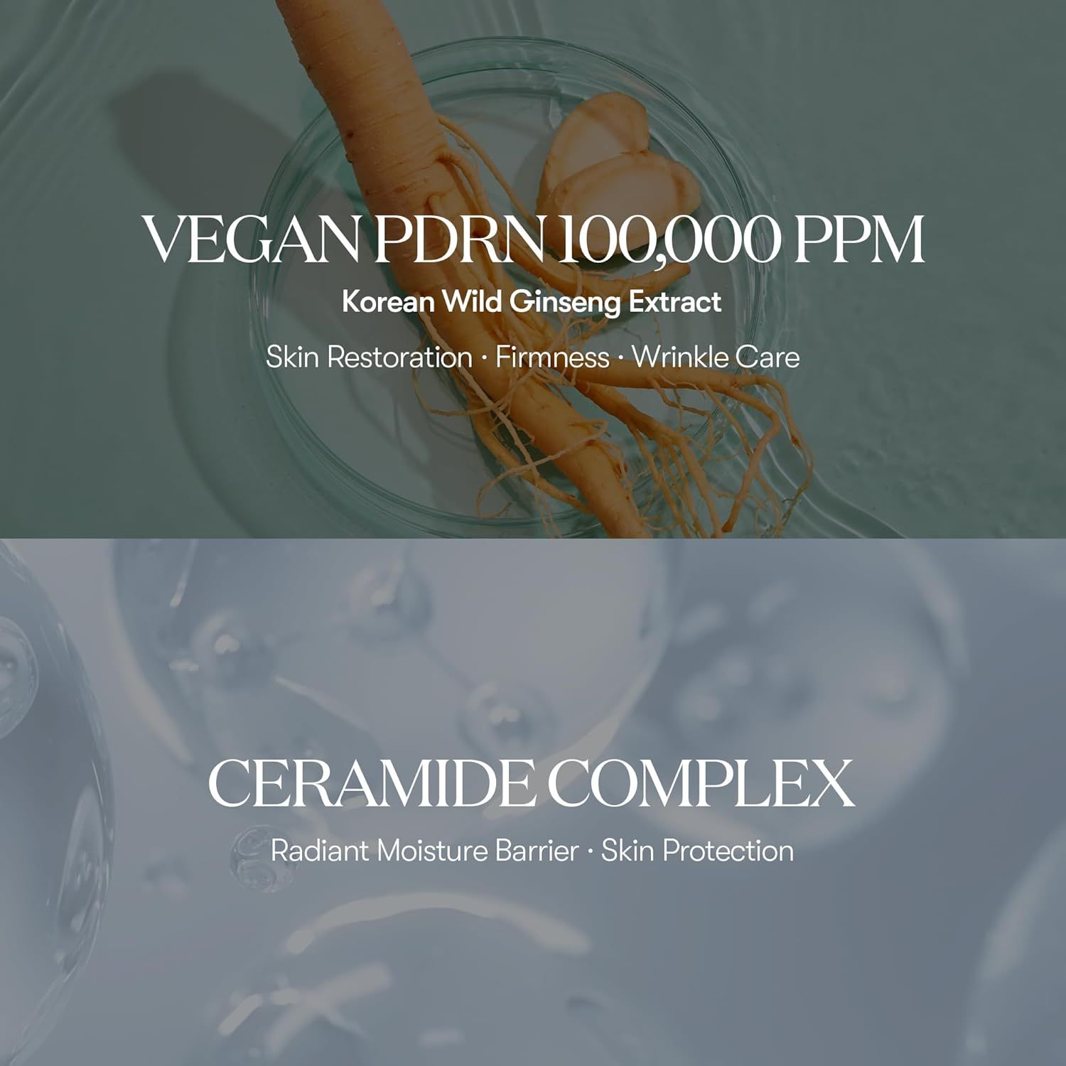 Oben: Ginseng-Wurzel in Glas. Text: VEGAN PDRN 100,000 PPM, Korean Wild Ginseng Extract. Unten: Text: CERAMIDE COMPLEX, Radiant Moisture Barrier.