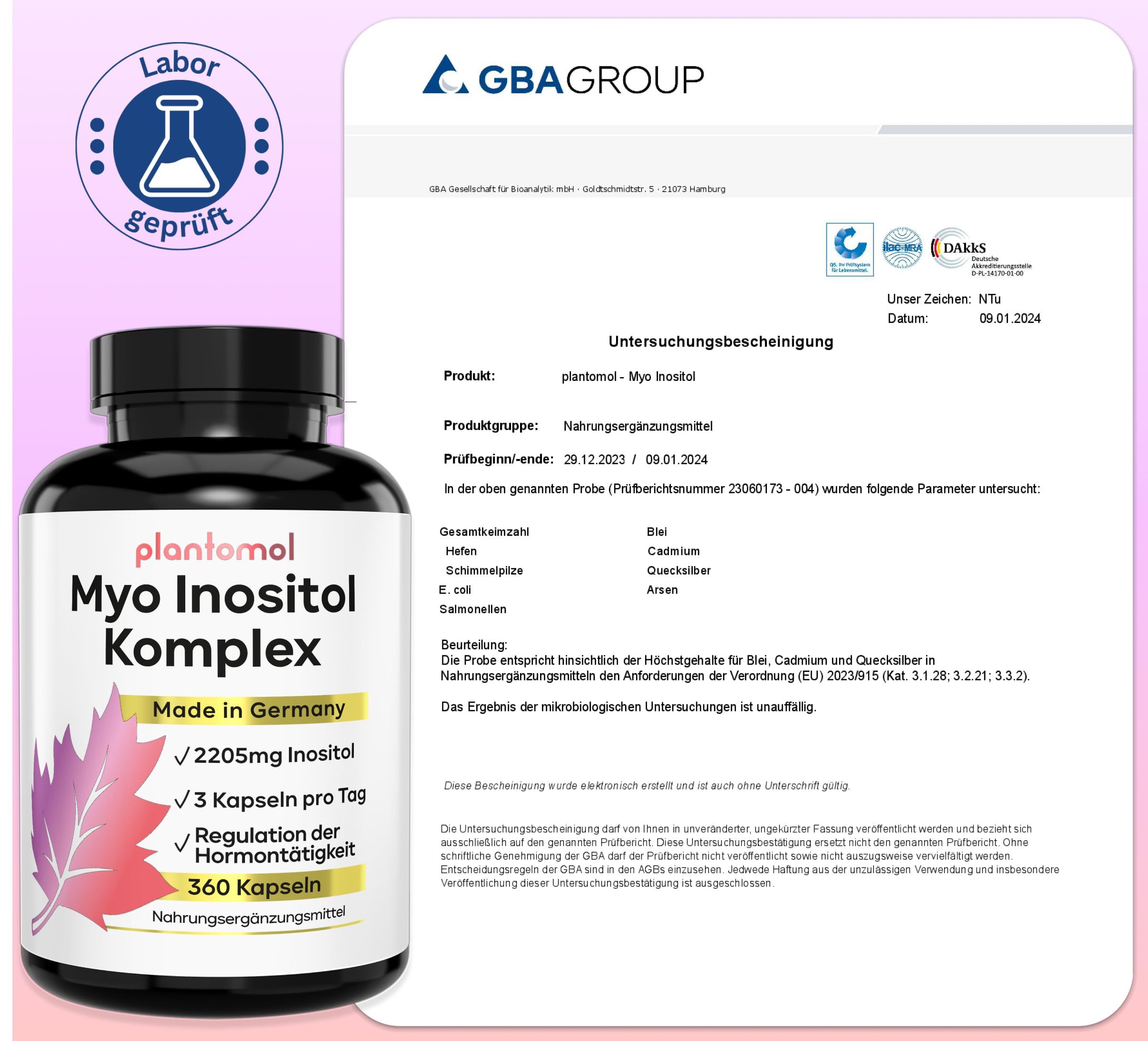 Schwarze Flasche plantomol® Myo Inositol Komplex neben einem Laborzertifikat. Enthält 360 Kapseln.