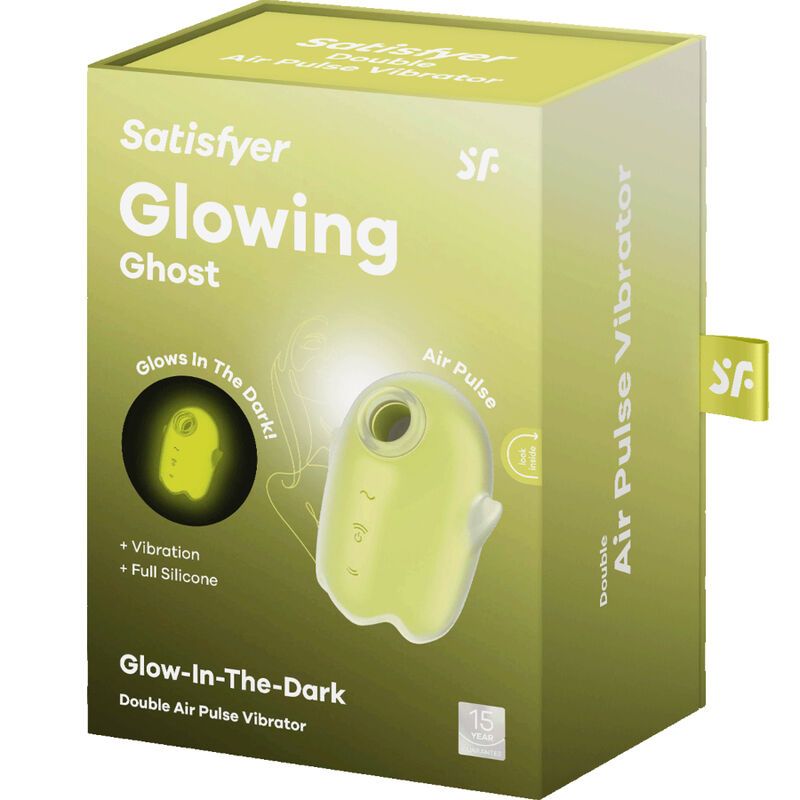 Verpackung des Vibrators. Aufschrift: Satisfyer Glowing Ghost. Abbildung des Produkts und Produktmerkmale.
