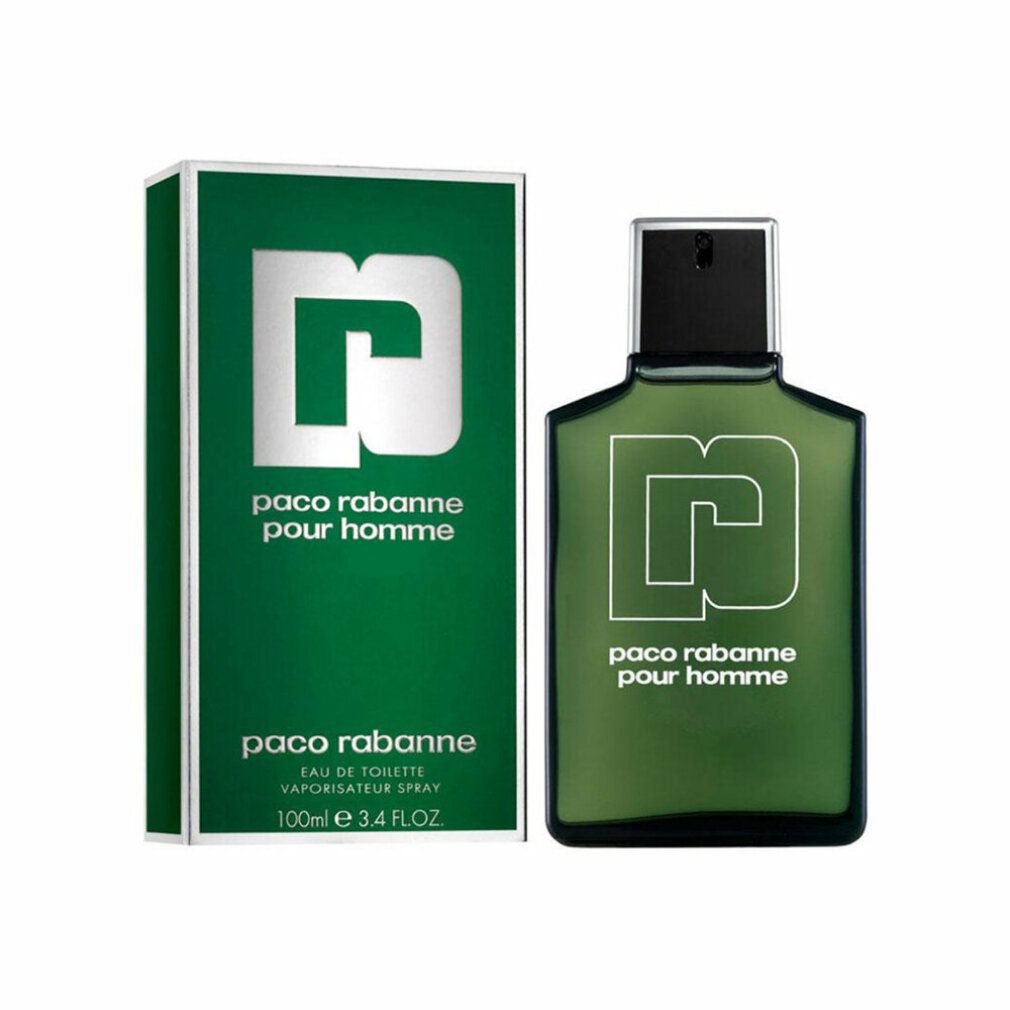 Grüne Paco Rabanne Pour Homme Flasche und Verpackung. Weißes Logo und Schriftzug. Eau de Toilette Spray.