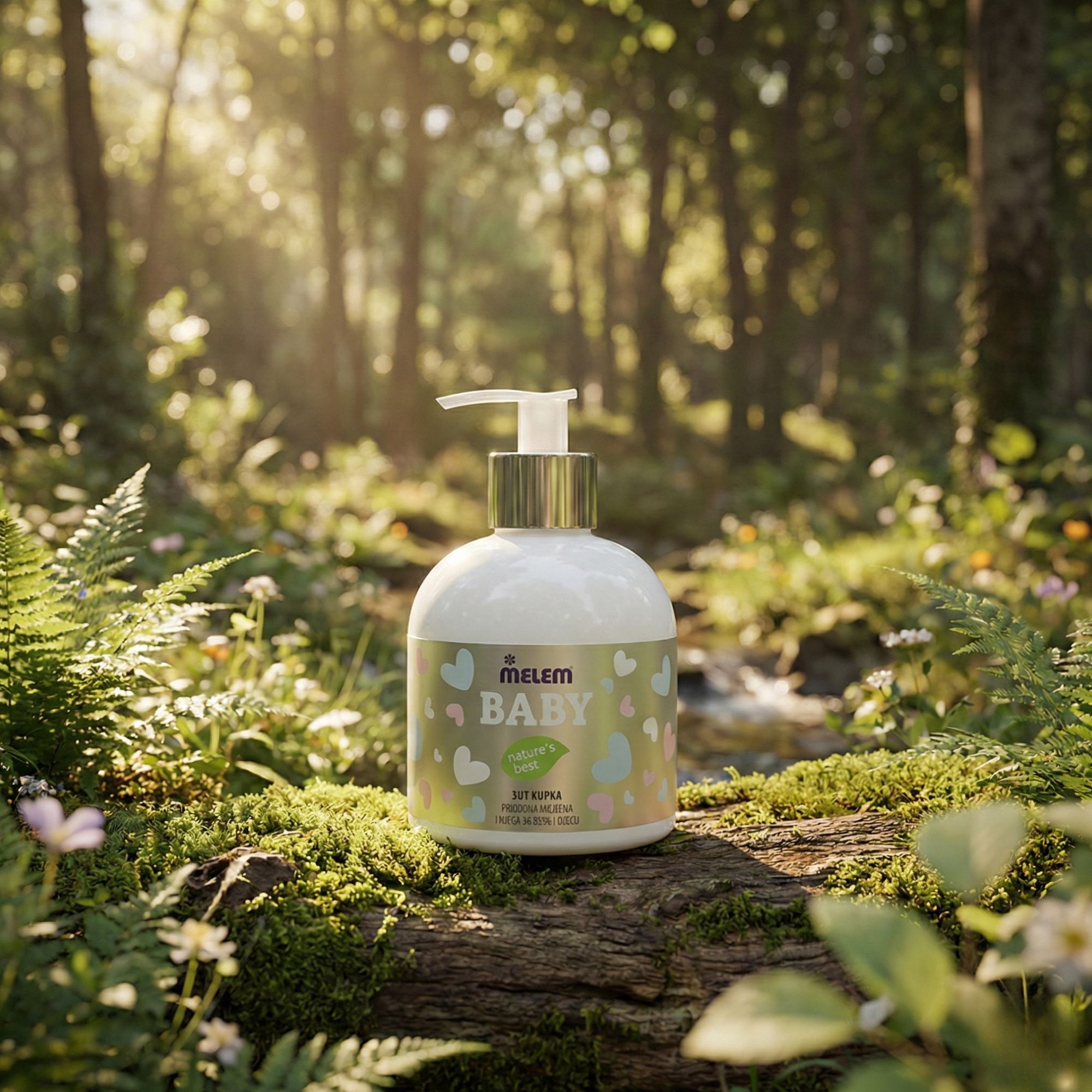 Weiße Flasche mit Pumpe, Produktetikett mit Schriftzug BABY. Steht auf einem moosbedeckten Baumstamm in einer Waldumgebung.