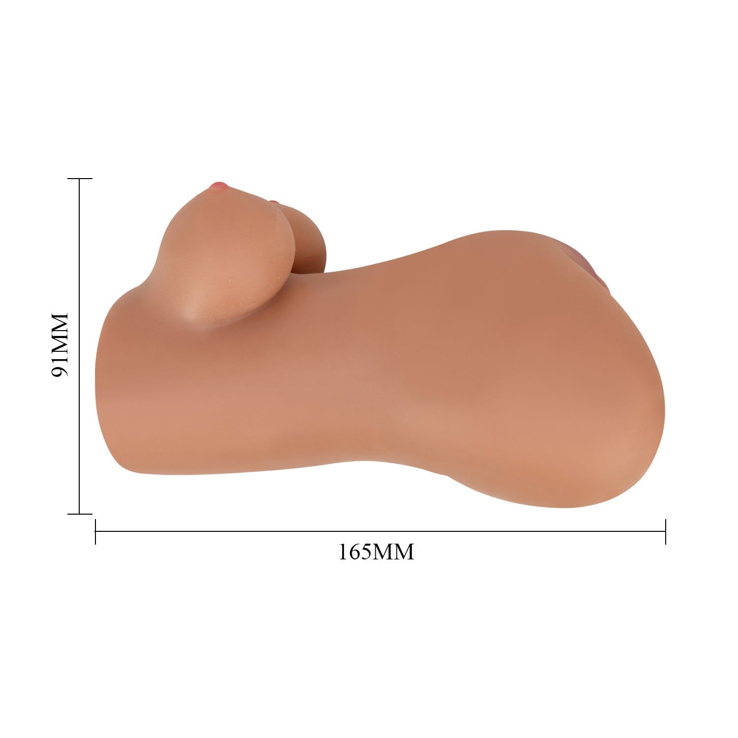 Masturbator, seitliche Ansicht mit Maßen. 165mm lang, 91mm hoch. Aus Silikon.