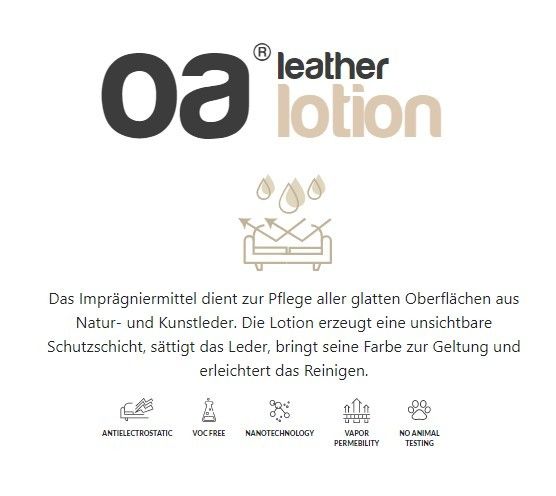 Text mit "oa leather lotion" und Icons: antistatisch, VOC-frei, Nanotechnologie, Dampfdurchlässigkeit, tierversuchsfrei.