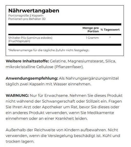 Etikett mit Nährwertangaben für Shiitake-Pilz-Kapseln. Enthält Informationen zu Inhaltsstoffen und Anwendungsempfehlung.