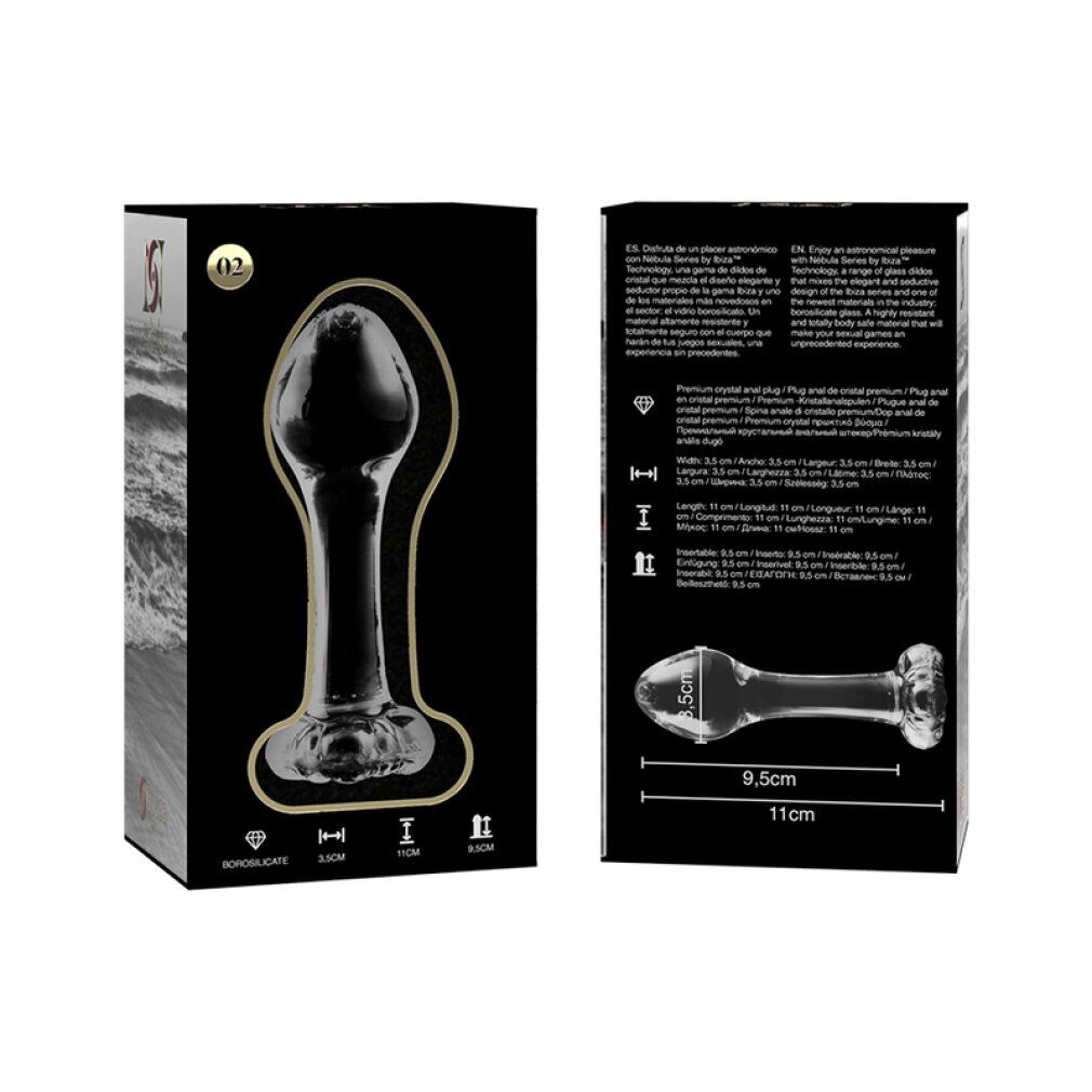Verpackung und klarer Glas-Analplug mit Maßen: 11cm Länge, 3,5cm Breite.