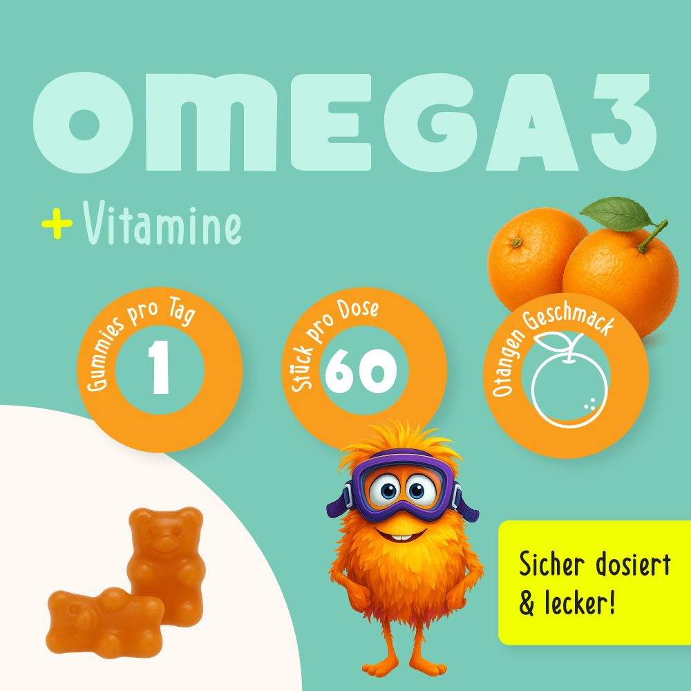 Grafik mit Omega 3, Vitaminen und Orangen. Kreise zeigen: 1 Gummie pro Tag, 60 Stück pro Dose, Orangengeschmack.