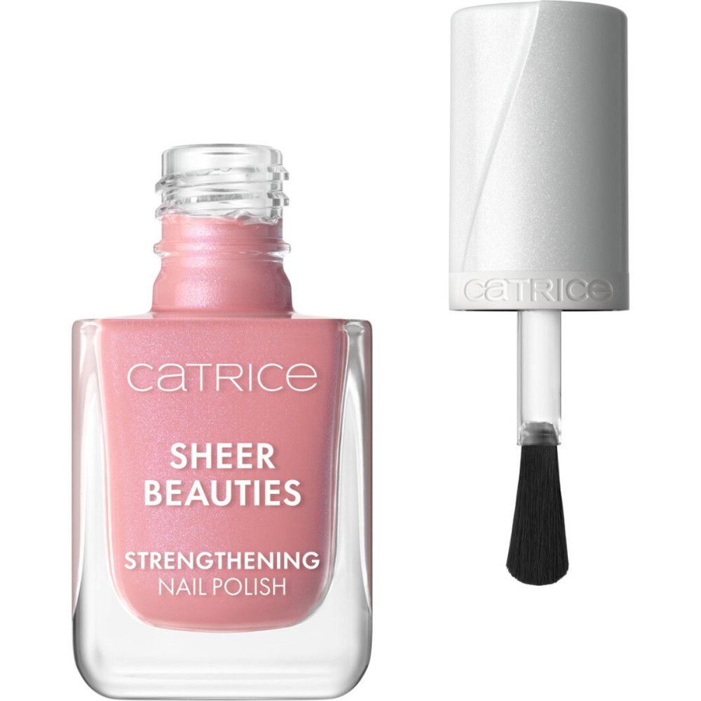 Nagellackflasche mit Pinsel. Rosa Lack, transparente Flasche. Schriftzug: Catrice, Sheer Beauties, Strengthening Nail Polish.