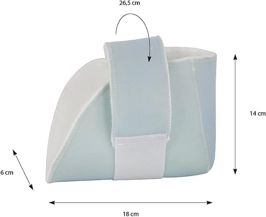 Fersenpolster mit Maßen: 18 cm Länge, 14 cm Höhe, 6 cm Breite, mit verstellbarem Riemen.