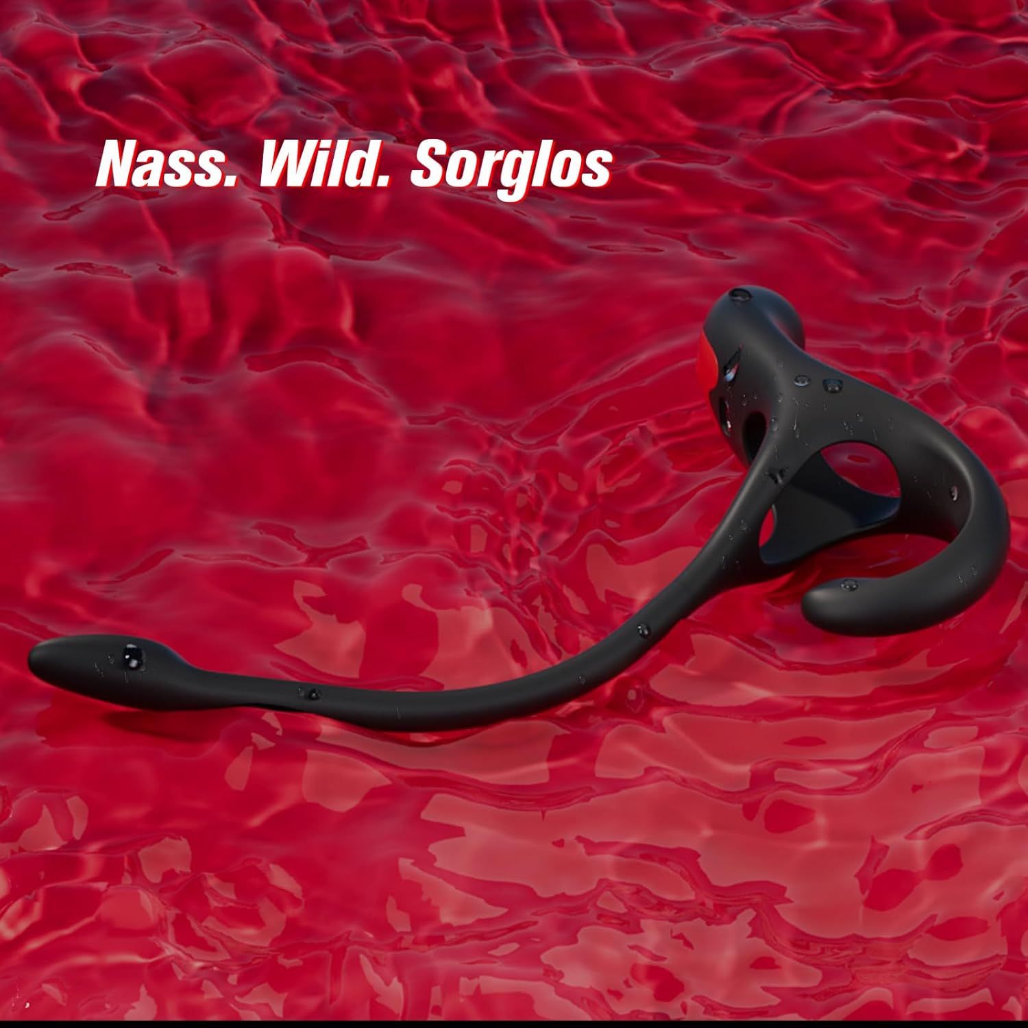 Schwarzes Gerät im Wasser. Text: Nass. Wild. Sorglos. Produkt für Prostata- und Hodenstimulation.