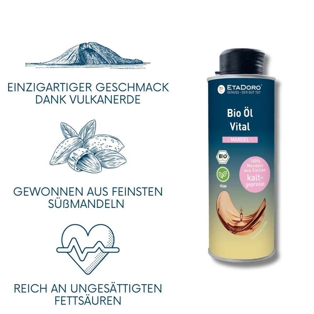 Zylindrische Dose mit schwarzem Deckel. Etikett mit "Bio Öl Vital Mandel". Bio-Siegel und Vegan-Logo. Abbildung von Mandeln und Öl.