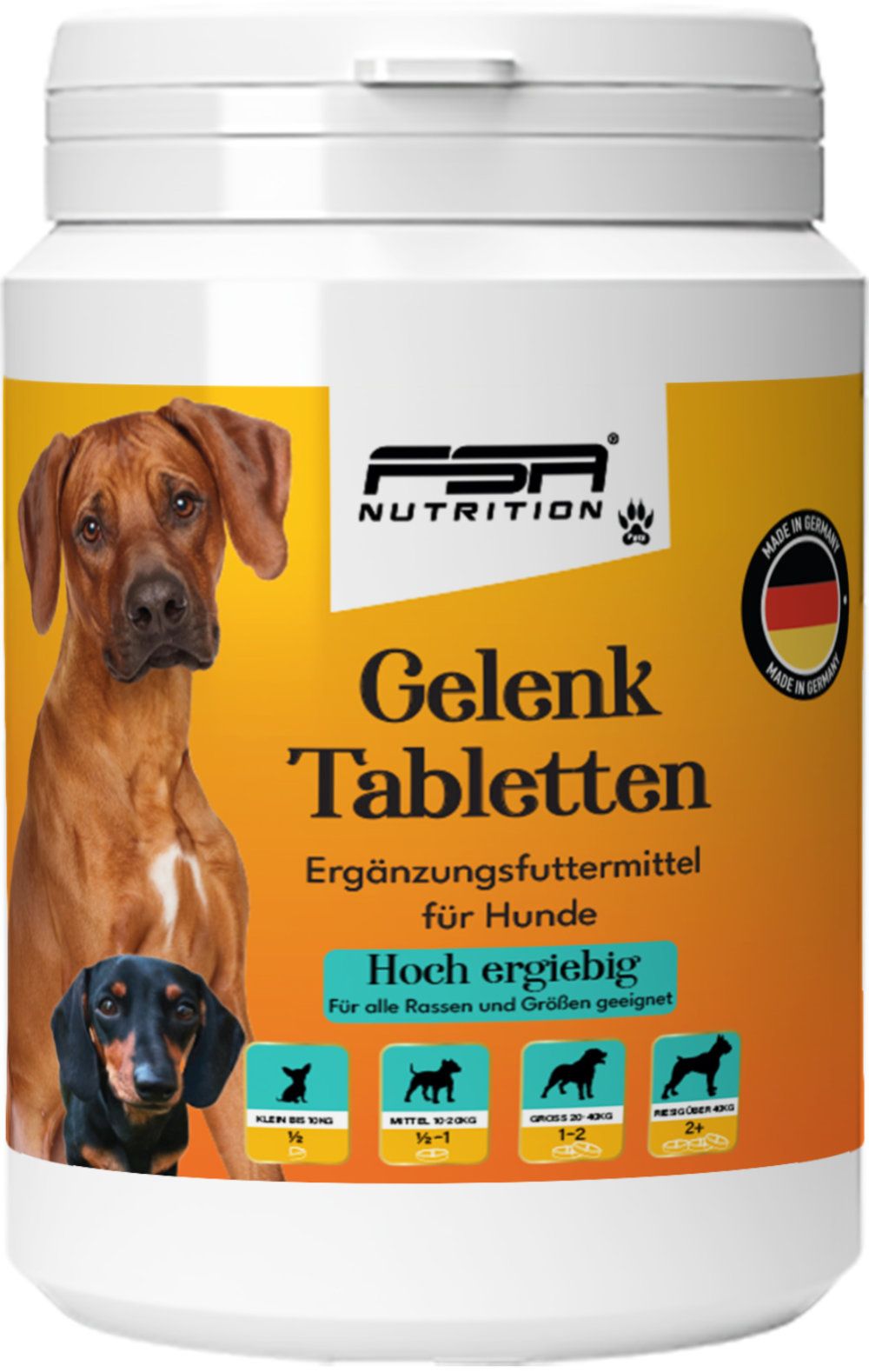 Weißer Behälter mit FSA NUTRITION-Logo. Aufschrift: Gelenk Tabletten, Ergänzungsfuttermittel für Hunde. Mit Abbildungen von Hunden und dem Hinweis "Made in Germany".