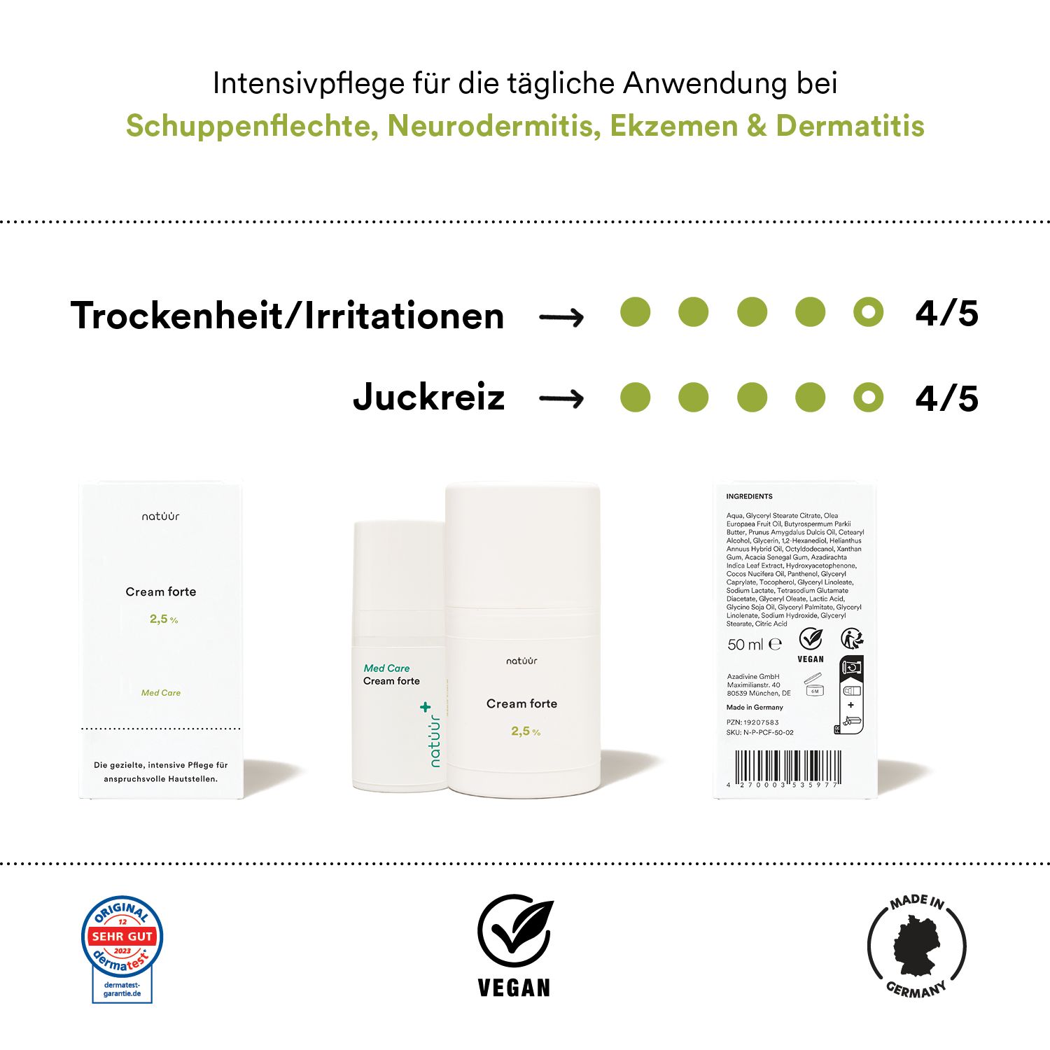 Drei weiße Tuben, eine mit Verpackung. Text: Intensivpflege, Trockenheit/Irritationen, Juckreiz. Vegan-Logo, Made in Germany.
