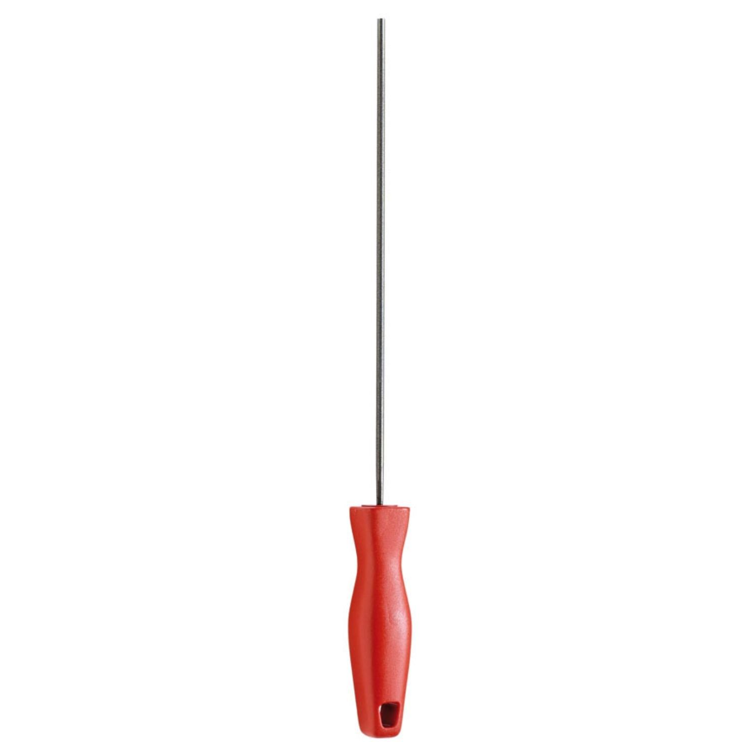 Schärfstab mit rotem Griff. Der Stab ist lang und schlank.