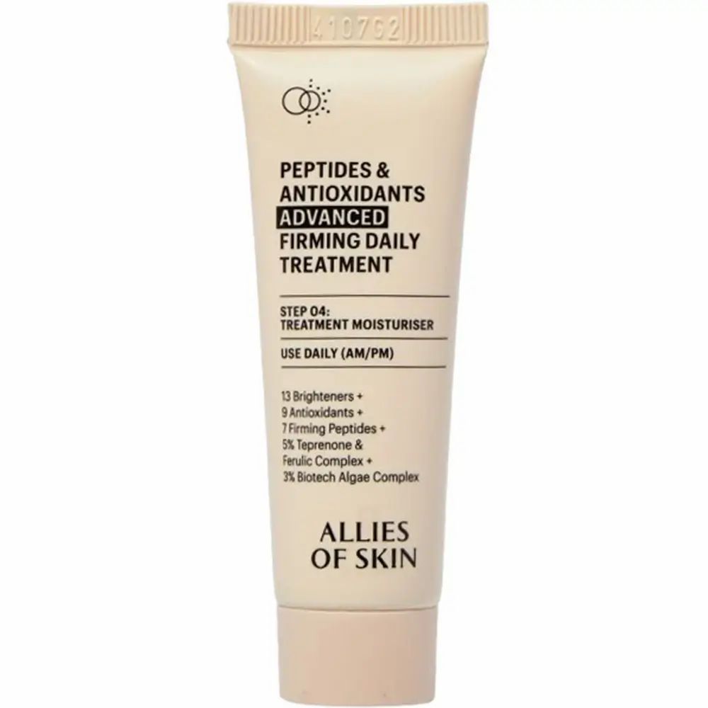 Beige Tube mit Text: Peptides & Antioxidants, Advanced Firming Daily Treatment. Marke: ALLIES OF SKIN. Produktinformationen.