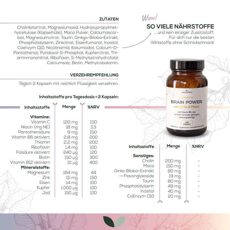Produktflasche mit Inhaltsstoff- und Nährwertangaben. Etikett "Brain Power".
