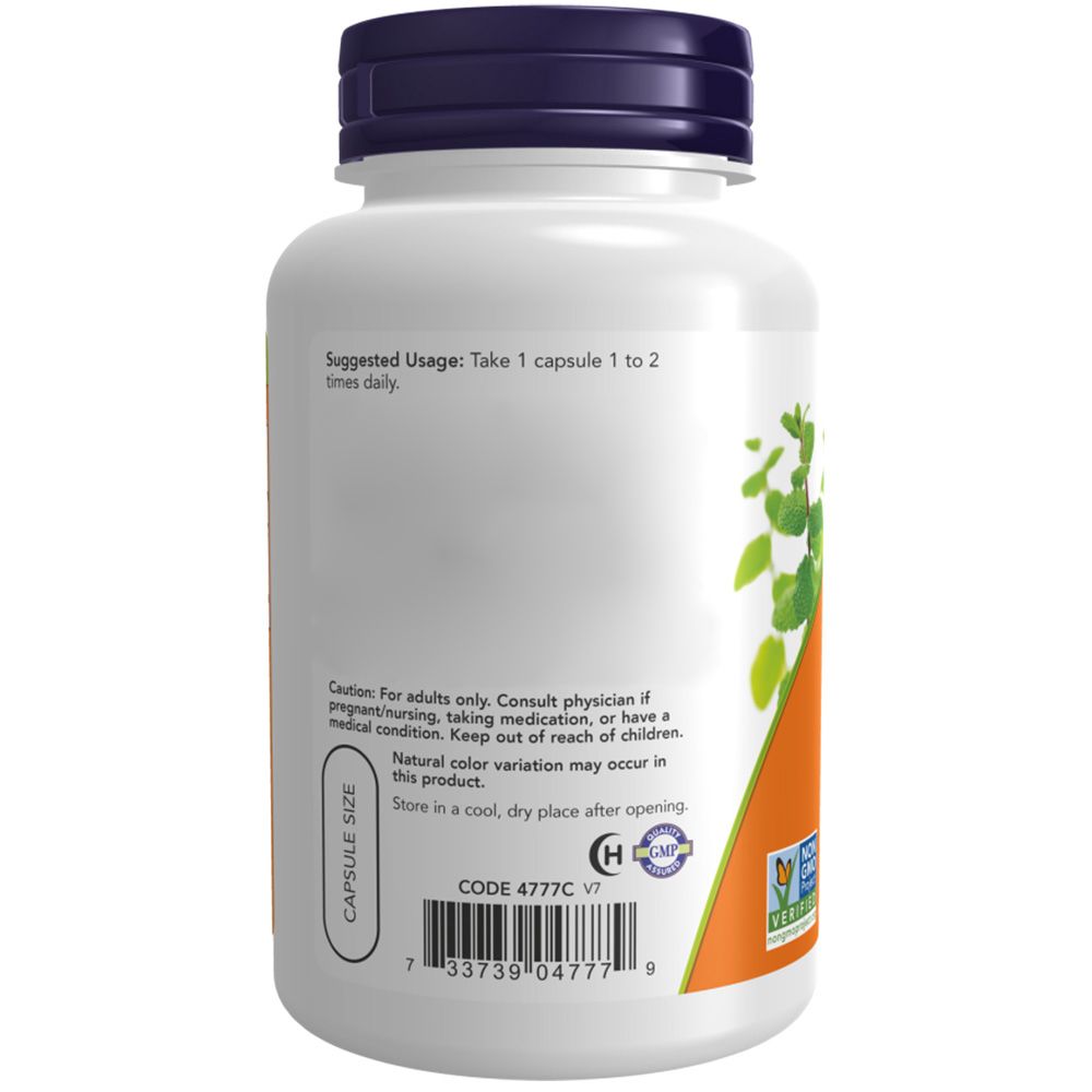 Rückseite der Flasche. Etikett mit Gebrauchsanweisung: 1-2 Kapseln täglich. Warnhinweise. Barcode und Zertifizierungen.