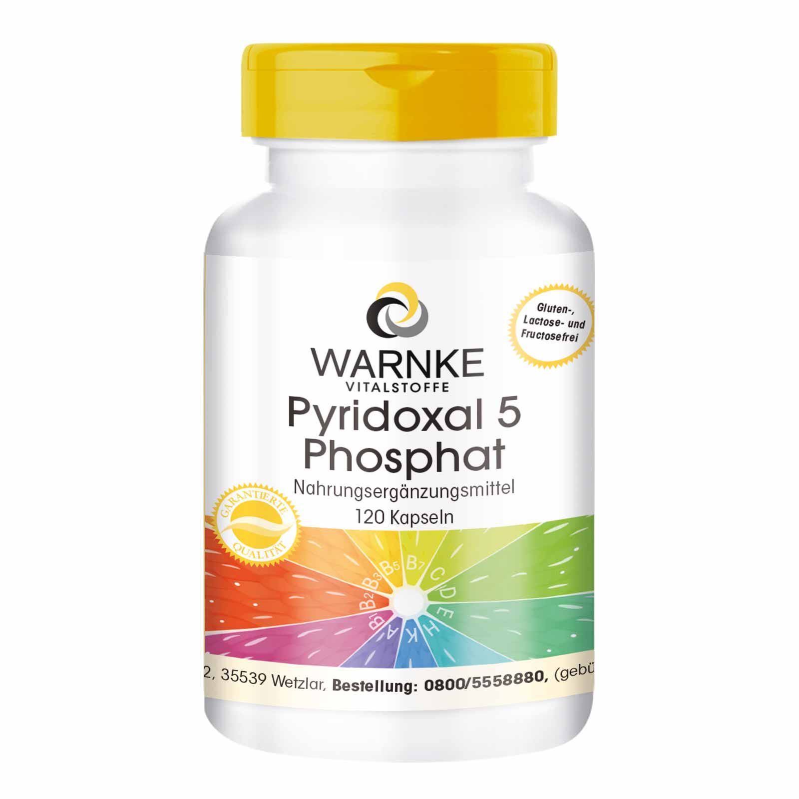 Weiße Flasche mit gelbem Deckel. Aufschrift: Warnke Vitalstoffe, Pyridoxal 5 Phosphat, 120 Kapseln. Gluten-, Laktose- und fruktosefrei.